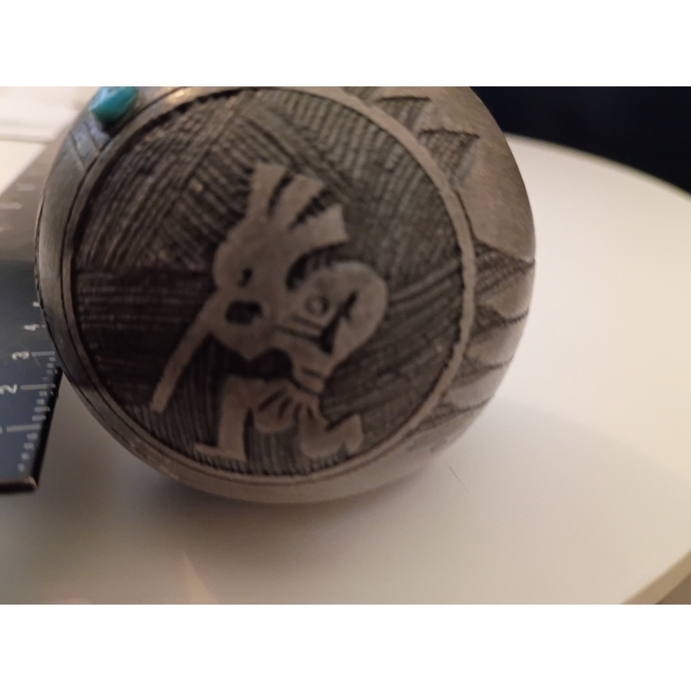 Navajo Seed Pot Ornament Dwayne Blackhorse Etched Kokopelli Turquoise Grey 2.5"